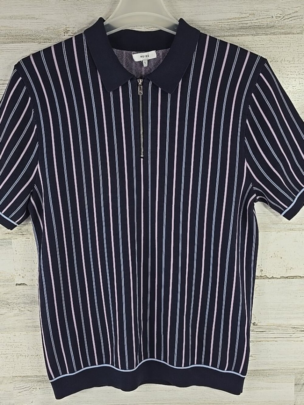 REISS Men’s Striped Knit Zip Polo Shirt Navy Pink White Size LARGE Short Sleeve.